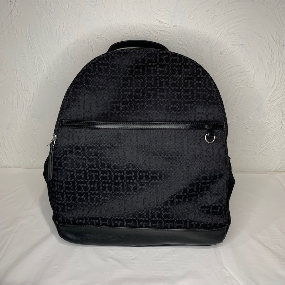 Tommy Hilfiger Backpack Black Monogram Medium Casual Purse Bookbag 14 x 12 x 6